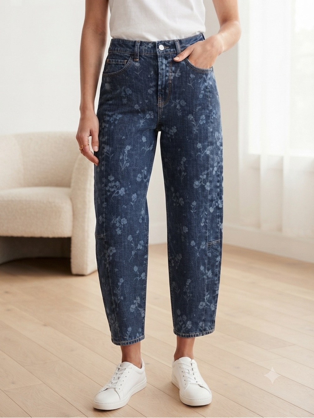 Old Navy Floral Barrel Leg Jeans Dark Blue